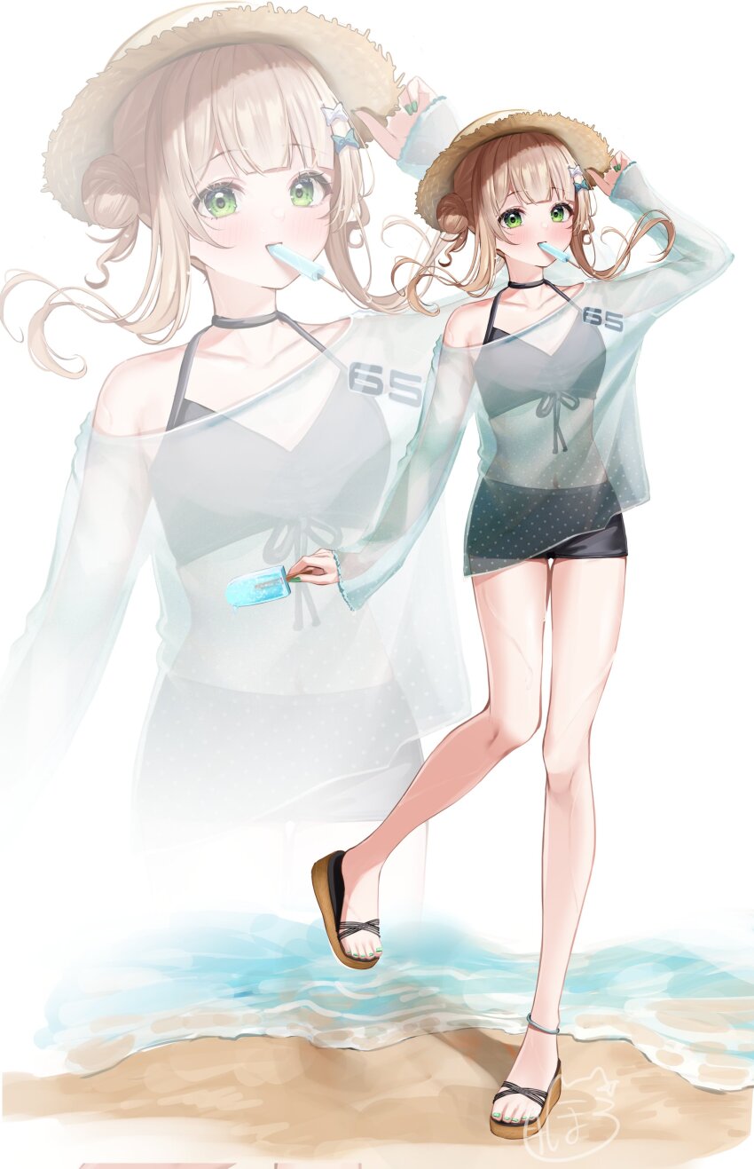 1girl absurdres beach bikini bikini_shorts black_bikini black_bow black_choker black_shorts blonde_hair blush bow breasts choker collarbone covered_navel double_bun flip-flops food food_in_mouth full_body green_eyes hair_bow hair_bun hair_ornament halterneck hand_on_headwear hat highres holding holding_food holding_popsicle horo_27 kaburaki_roco long_hair looking_at_viewer medium_hair nijisanji open_mouth outdoors polka_dot polka_dot_shirt popsicle popsicle_in_mouth sand sandals see-through_clothes shirt shorts simple_background single_off_shoulder sleeves_past_wrists smile solo straw_hat swimsuit swimsuit_cover-up virtual_youtuber zoom_layer