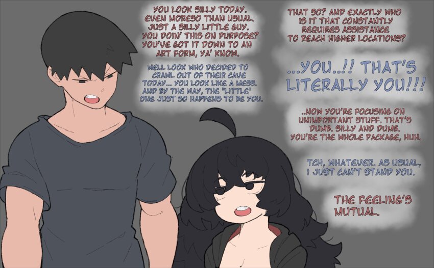 1boy 1girl ahoge angry arguing black_hair black_hoodie black_shirt breasts cleavage english_text hair_between_eyes height_difference highres hood hoodie looking_down looking_up open_mouth original shirt simple_background teeth upper_teeth_only vammzu