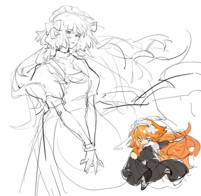 1girl apron ascot black_dress dress green_eyes highres holding holding_knife ishmael_(project_moon) jingshenhuanghu juliet_sleeves knife limbus_company long_hair long_sleeves maid maid_apron maid_headdress multiple_views orange_hair project_moon puffy_sleeves sidelocks simple_background very_long_hair white_background wuthering_heights_(identity)_(project_moon)