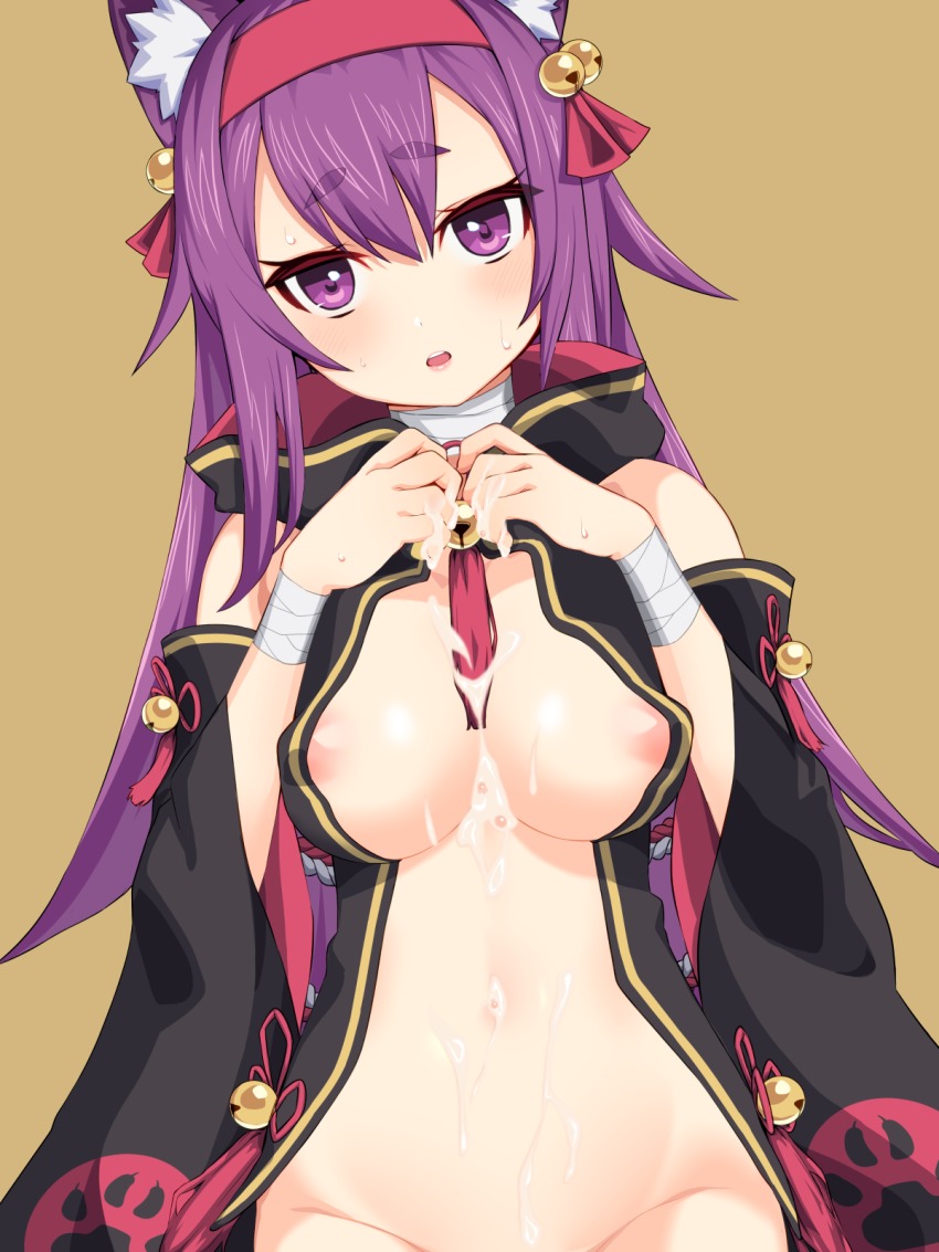1girl animal_ears azur_lane bandages bell blush breasts cum cum_on_body cum_on_breasts cum_on_lower_body cum_on_stomach cum_on_upper_body detached_sleeves eyebrows female_focus hair_bell hair_ornament hairband highres jingle_bell lips long_hair looking_at_viewer navel nezuko open_clothes open_mouth purple_eyes purple_hair red_hairband short_eyebrows simple_background solo thick_eyebrows urakaze_(azur_lane)