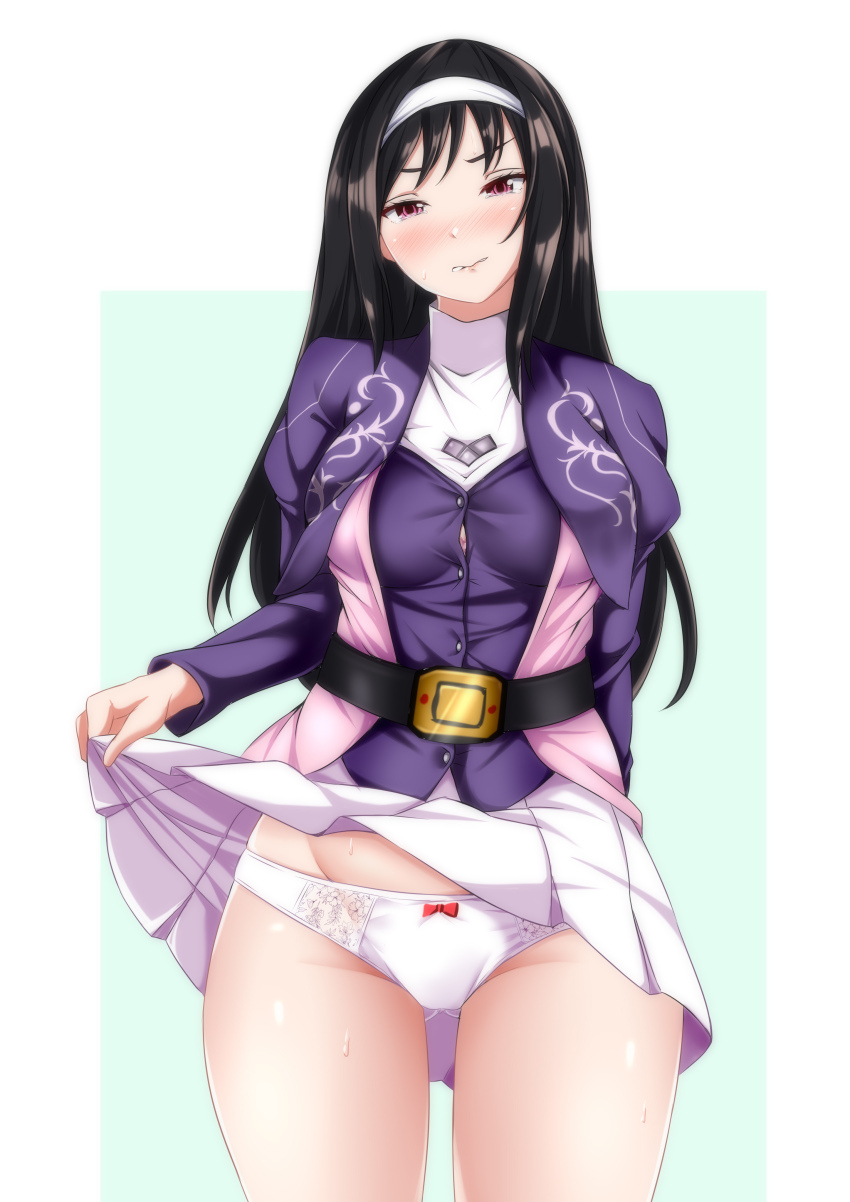1girl absurdres belt black_belt black_eyes black_hair blush bow bow_panties closed_mouth clothes_lift commentary_request commission cowboy_shot frown gluteal_fold groin hairband half-closed_eyes high_collar highres jacket juliet_sleeves kyouryuu_sentai_zyuranger lifting_own_clothes long_hair long_sleeves looking_at_viewer miniskirt pandacross panties partial_commentary pixiv_commission pleated_skirt ptera_ranger puffy_sleeves purple_jacket purple_vest shirt skirt skirt_lift solo standing super_sentai sweat sweatdrop underwear vest white_hairband white_panties white_shirt white_skirt