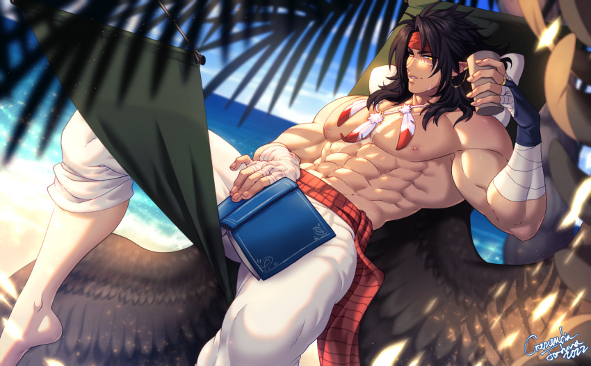 1boy abs bandages bara beach black_hair book brown_wings come_hither covering_crotch covering_privates crescentia_fortuna cup feather_necklace feathered_wings fire_emblem fire_emblem:_radiant_dawn foot_out_of_frame from_side headband holding holding_book jewelry large_pectorals looking_at_viewer male_focus muscular muscular_male navel necklace nintendo nipples pectorals pointy_ears scar seductive_smile smile solo stomach thick_eyebrows thick_thighs thighs tibarn_(fire_emblem) topless_male wings yellow_eyes