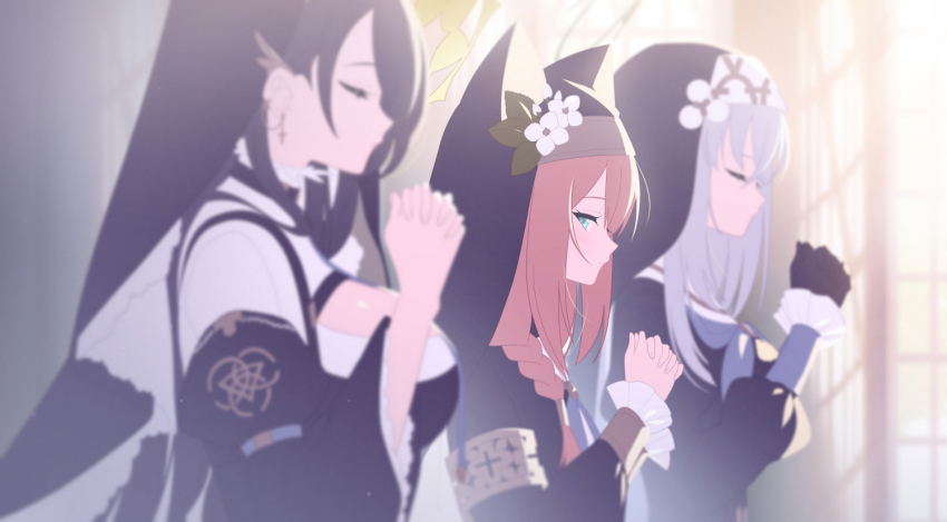 3girls animal_ear_headwear black_gloves black_hair blue_archive braid breasts closed_eyes commentary_request cross cross_earrings earrings fake_animal_ears gloves grey_hair habit halo hinata_(blue_archive) interlocked_fingers jewelry kaerunrun large_breasts logo long_sleeves looking_at_viewer mari_(blue_archive) multiple_girls nun orange_hair own_hands_together palms_together praying profile sakurako_(blue_archive) sideways_glance solo_focus upper_body