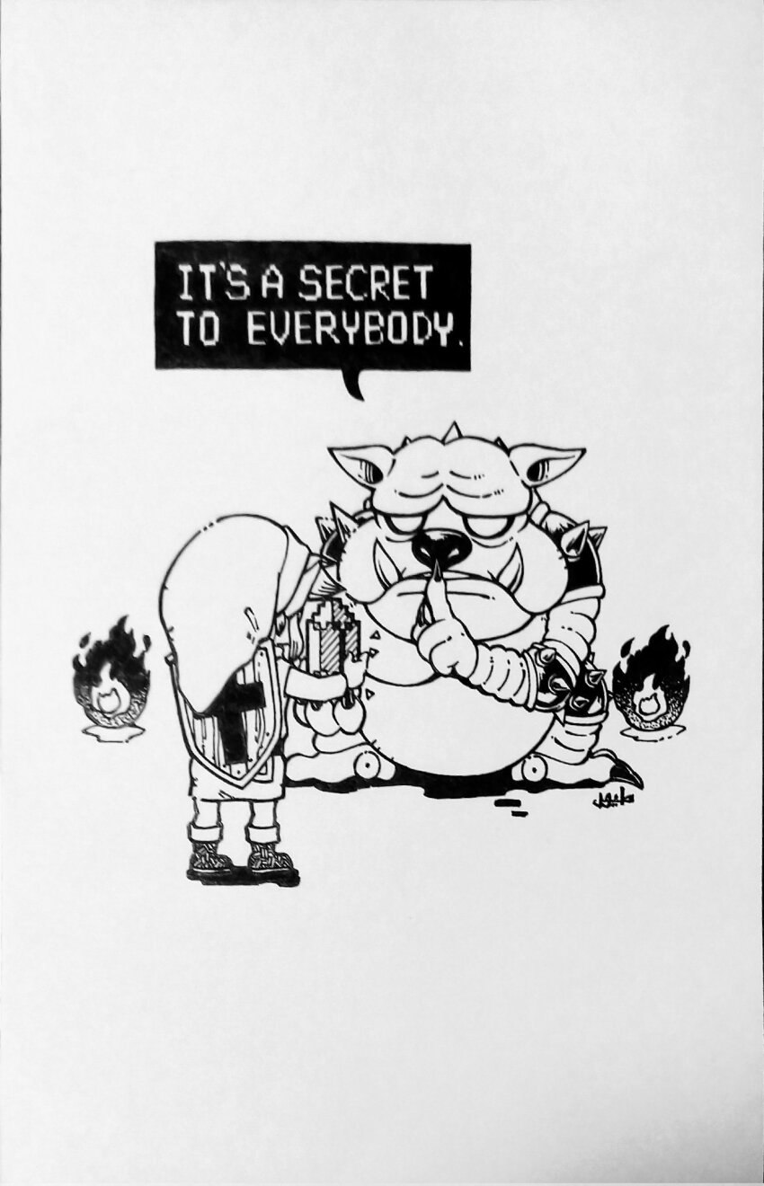 1boy boots candle claws english_text fangs finger_to_mouth fire greyscale hat highres index_finger_raised kandori_makoto link moblin monochrome monster nintendo rupee_(zelda) shield shield_on_back shushing speech_bubble squatting standing the_legend_of_zelda the_legend_of_zelda_(nes) traditional_media tunic