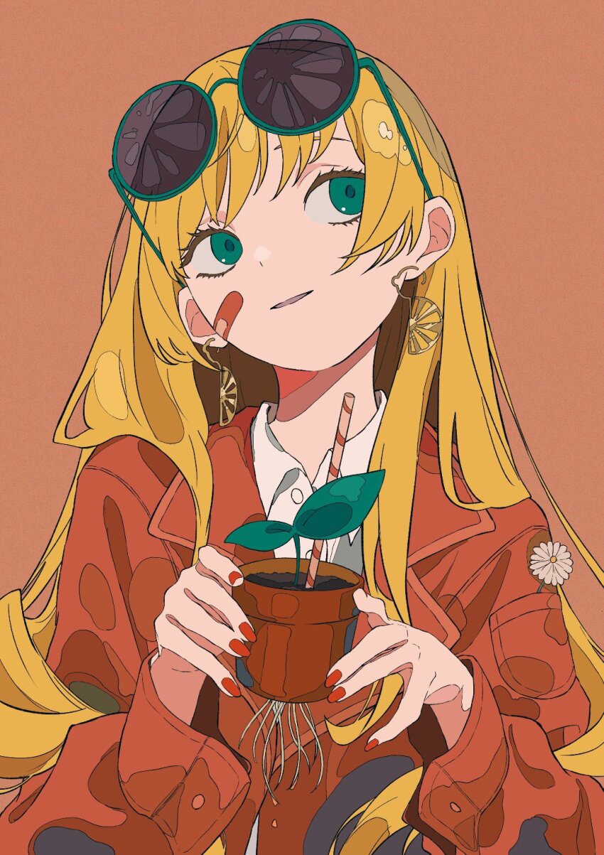 1girl analogous_colors arched_bangs bandaid bandaid_on_cheek bandaid_on_face blonde_hair buttoned_cuffs buttons coat collared_shirt color_contrast colorful daisy dot_nose dress_shirt drinking_straw earrings eyelashes eyewear_on_head facing_viewer fingernails flower flower_pot food food-themed_earrings fruit gold_earrings green-framed_eyewear green_eyes hair_behind_ear hair_over_shoulder hands_up head_tilt highres holding holding_flower_pot jewelry lapels light_smile long_eyelashes long_hair looking_to_the_side notched_lapels orange_(fruit) orange_background orange_slice original parted_lips plant plant_roots red_coat red_nails round_eyewear shirt sidelocks sideways_glance simple_background soil solo sunglasses swept_bangs tareme trench_coat tsukii_(t_s_u_k_i_i) upper_body very_long_hair wavy_hair white_flower white_shirt