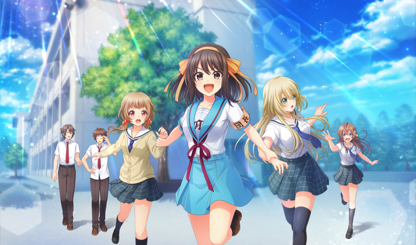 2boys 4girls :d arihara_tsubasa armband belt belt_buckle black_belt black_footwear black_pants black_skirt black_thighhighs blonde_hair blue_belt blue_eyes blue_necktie blue_sailor_collar blue_skirt blurry bow brown_footwear brown_hair buckle cardigan cinderella_series cloud crossover depth_of_field film_grain game_cg green_eyes grey_skirt hachigatsu_no_cinderella_nine hair_between_eyes hair_bobbles hair_bow hair_ornament hair_ribbon hairband hand_on_own_hip highres holding_another&#039;s_wrist kita_high_school_uniform koizumi_itsuki kyon lens_flare light_brown_hair light_particles light_rays loafers long_hair long_sleeves looking_at_another looking_at_viewer low_twintails multiple_boys multiple_girls naoe_tayu necktie non-web_source nozaki_yuuki official_art open_mouth orange_hairband orange_ribbon outdoors pants plaid_clothes plaid_skirt pleated_skirt red_armband red_eyes red_necktie red_ribbon ribbon running sailor_collar satogahama_school_uniform school school_uniform serafuku shirt shoes short_sleeves skirt sky smile summer_uniform sunbeam sunlight suzumiya_haruhi suzumiya_haruhi_no_yuuutsu thighhighs tree twintails v-shaped_eyebrows white_sailor_collar white_shirt yellow_bow yellow_cardigan