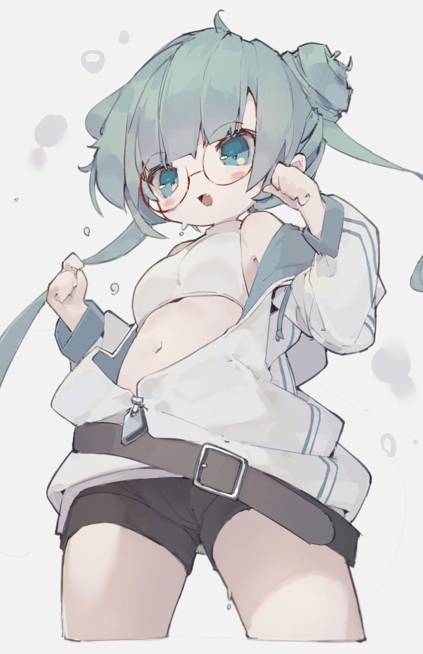 1girl absurdres aqua_eyes aqua_hair belt black_shorts breasts cowboy_shot crop_top fang glasses hair_bun highres jacket navel nep_(nep_76) open_mouth original shorts skin_fang small_breasts smile solo twintails white_background white_jacket zipper