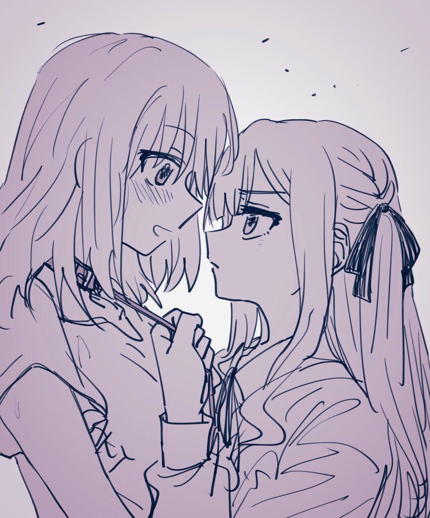 2girls bang_dream! bang_dream!_it&#039;s_mygo!!!!! closed_mouth collar eye_contact greyscale highres holding holding_leash leash leash_pull long_hair long_sleeves looking_at_another medium_hair misumi_uika monochrome multiple_girls open_mouth shirt short_sleeves sidelocks sweatdrop taki_ritzk0u togawa_sakiko yuri