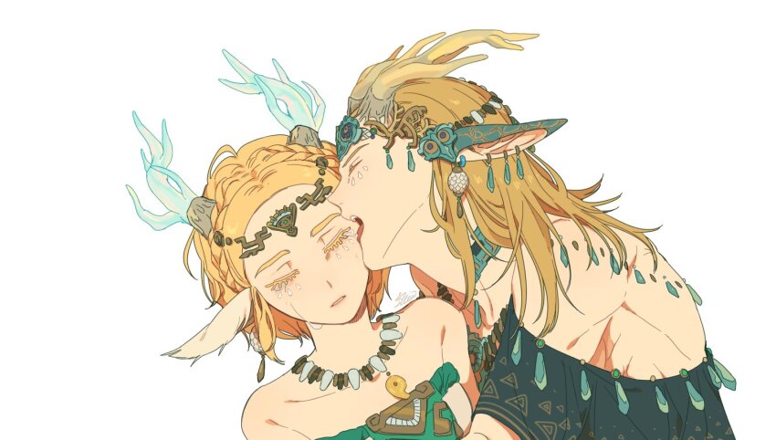 ancient_set_(zelda) biting blonde_hair braid closed_eyes collarbone commentary couple crown_braid dragon_horns earrings facial_mark hashtag-only_commentary horns hug jewelry light_dragon_(zelda) link long_hair magatama magatama_necklace necklace nintendo parted_lips princess_zelda pu_hegg short_hair simple_background spoilers teardrop_facial_mark the_legend_of_zelda the_legend_of_zelda:_tears_of_the_kingdom tiara upper_body white_background