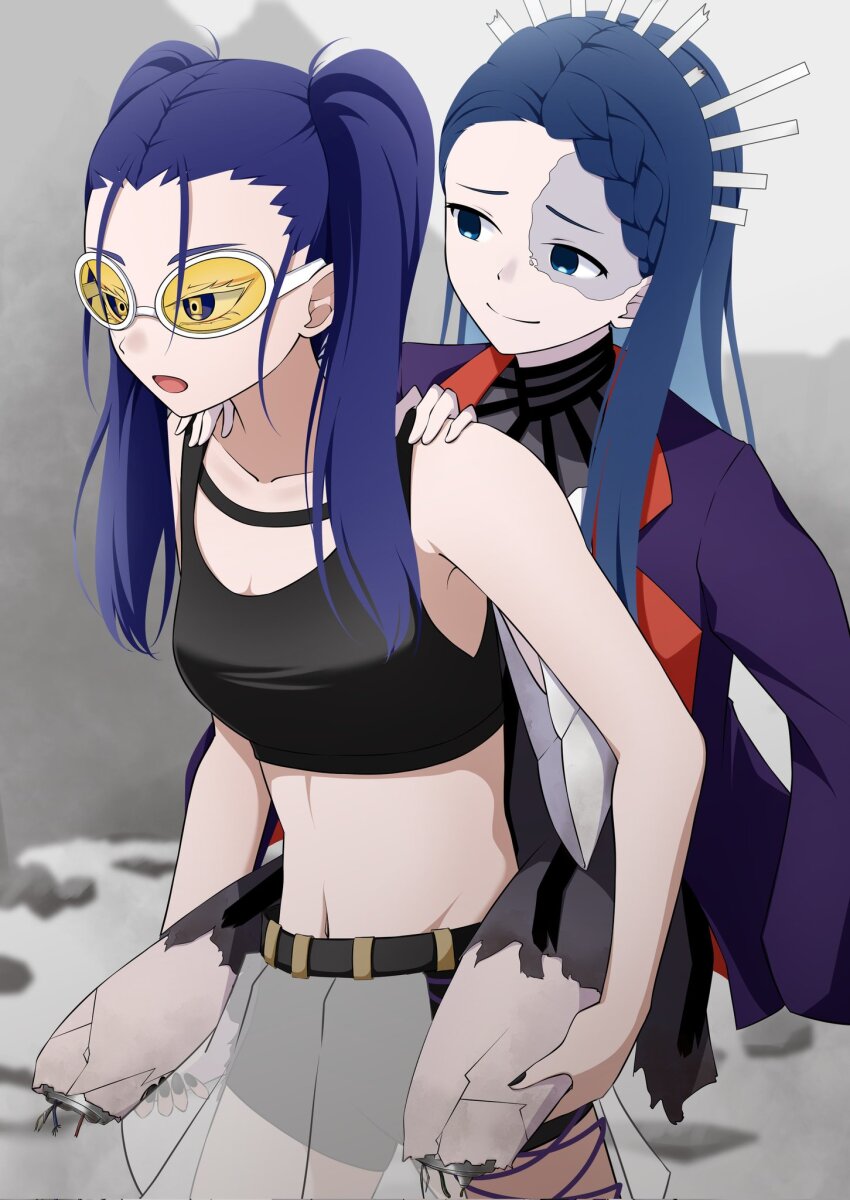 2girls ado_(utaite) belt black_belt black_sports_bra blue_eyes blue_hair braid braided_bangs breasts carrying cleavage commentary_request gira-gira-chan_(ado) gira_gira highres jacket long_hair mechabare medium_breasts multiple_girls navel nori_(norinori_yrl) odo-chan_(ado) odo_(song) piggyback purple_jacket sports_bra tinted_eyewear twintails white-framed_eyewear yellow-tinted_eyewear