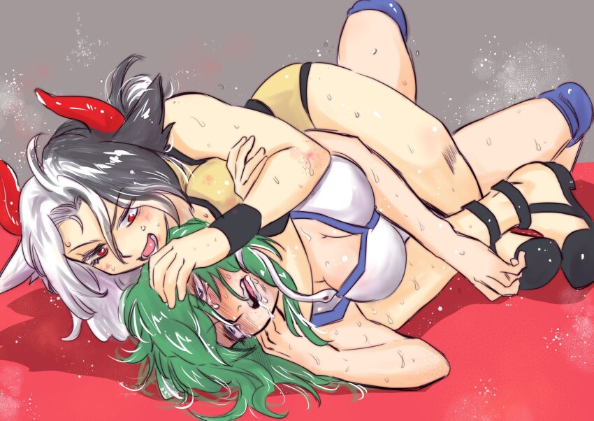 2girls breasts cleavage green_eyes green_hair highres horns kochiya_sanae lying multiple_girls nunnun_(shunka_shuutou) red_eyes red_horns ryona saliva sweat touhou twintails ushizaki_urumi wrestling