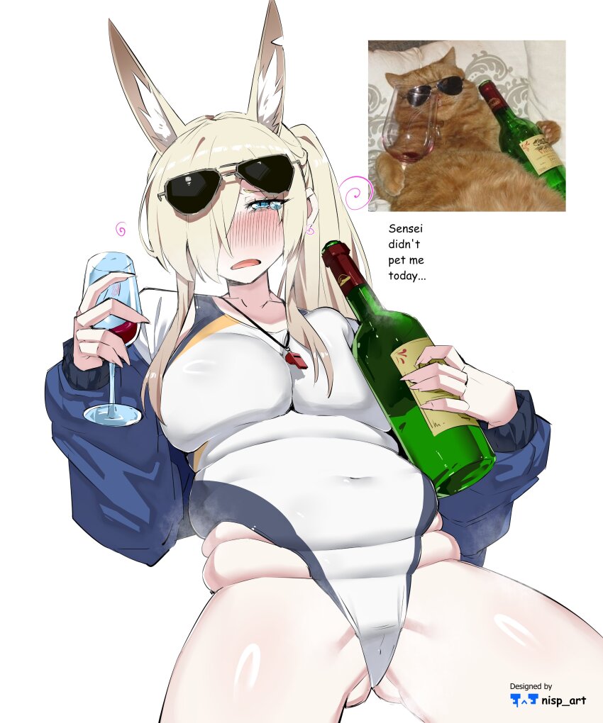 1girl absurdres alcohol animal_ear_fluff animal_ears aviator_sunglasses blonde_hair blue_archive blue_eyes blush bottle breast_press breasts cat covered_navel cup drinking_glass drunk english_text fat_rolls gluteal_fold hair_over_one_eye highleg highleg_one-piece_swimsuit highres holding holding_bottle holding_wine_glass jacket kanna_(blue_archive) kanna_(swimsuit)_(blue_archive) large_breasts long_hair nisp_art one-piece_swimsuit one_eye_covered open_clothes open_jacket open_mouth plump ponytail reference_inset scar scar_on_ear sidelocks sitting solo sunglasses sunglasses_on_head swimsuit whistle whistle_around_neck white_background white_one-piece_swimsuit wine wine_bottle wine_glass