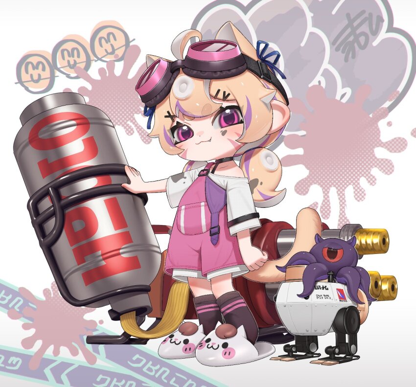 1girl :3 ahoge alheitrakzoth animal_ears animal_slippers autobomb_(splatoon) black_choker blonde_hair brown_socks cat_ears cat_girl cat_slippers cat_tail chibi chibi_only choker closed_mouth collarbone commission dot_nose extra_ears facial_mark fang fang_out full_body goggles goggles_on_head hair_ornament hairclip highres hydra_splatling_(splatoon) indie_virtual_youtuber long_hair low_twintails multicolored_hair nintendo octoling octoling_girl octoling_player_character overalls pink_eyes pink_overalls puchiman purple_hair second-party_source shirt shyrei_faolan sidelocks slippers smile socks solo splatoon_(series) streaked_hair suspenders suspenders_slip tail tentacle_hair thick_eyebrows twintails two-tone_hair virtual_youtuber watermark whisker_markings white_shirt white_slippers x_hair_ornament
