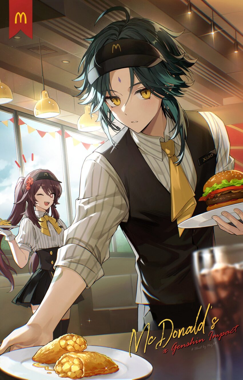 alternate_costume black_hair black_hat black_skirt black_thighhighs black_vest blush breasts brown_hair burger cola facial_mark flower flower-shaped_pupils food forehead_mark french_fries genshin_impact glass green_hair hair_between_eyes hair_flower hair_ornament hat highres hu_tao_(genshin_impact) long_hair long_sleeves looking_at_viewer male_focus mcdonald&#039;s multicolored_hair necktie nez39 one_eye_closed open_mouth red_eyes shirt short_hair skirt small_breasts smile striped_clothes striped_shirt symbol-shaped_pupils thighhighs twintails vest visor_cap white_shirt xiao_(genshin_impact) yellow_eyes yellow_necktie