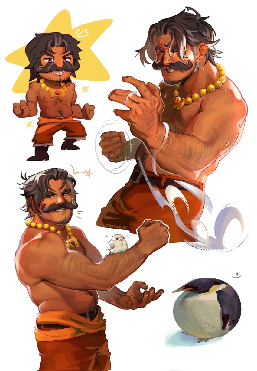 1boy animal_on_arm bara beard bird bird_on_arm black_hair chibi chibi_inset collage crosquire deformed facial_hair full_beard gol_d._roger hairy highres looking_at_viewer male_focus mature_male muscular muscular_male mustache navel_hair nipples one_piece penguin short_hair smile standing sweat tan thick_eyebrows thick_mustache topless_male