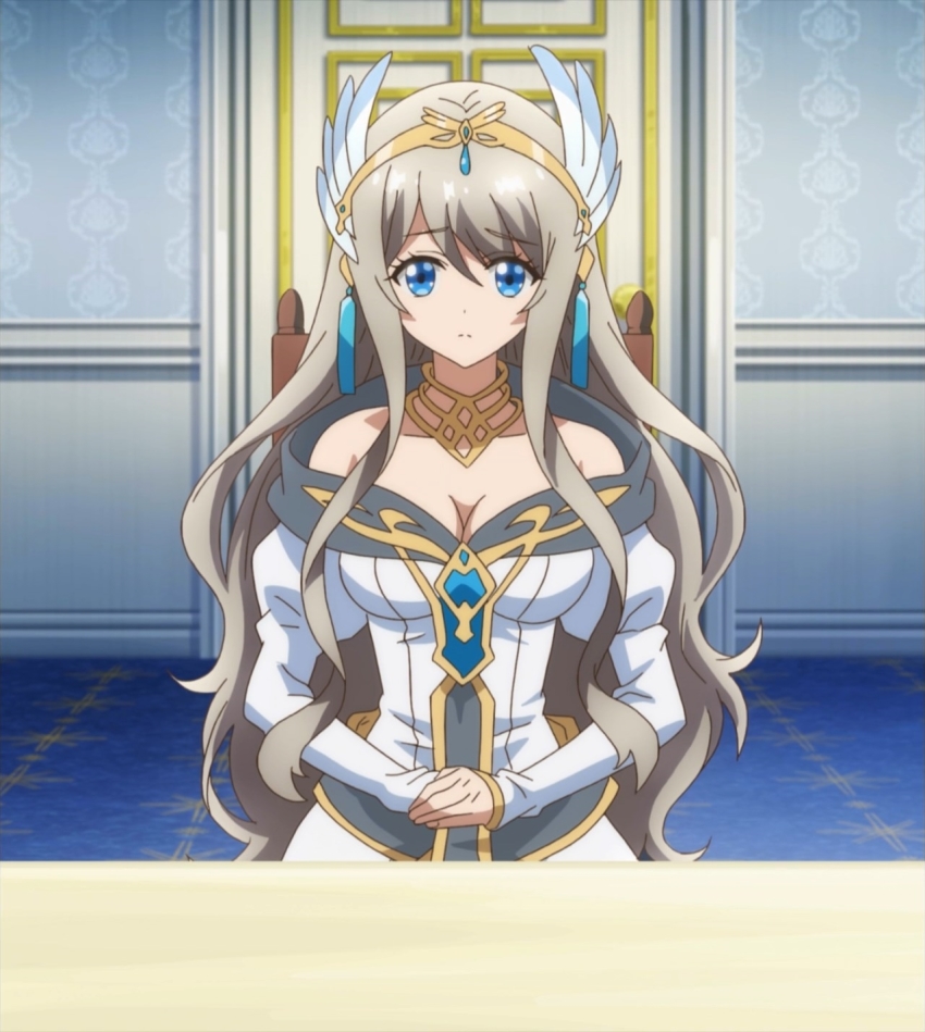 1girl anime_screenshot bare_shoulders blue_eyes breasts cleavage female_focus highres isekai_cheat_magician looking_at_viewer solo stitched tagme third-party_edit