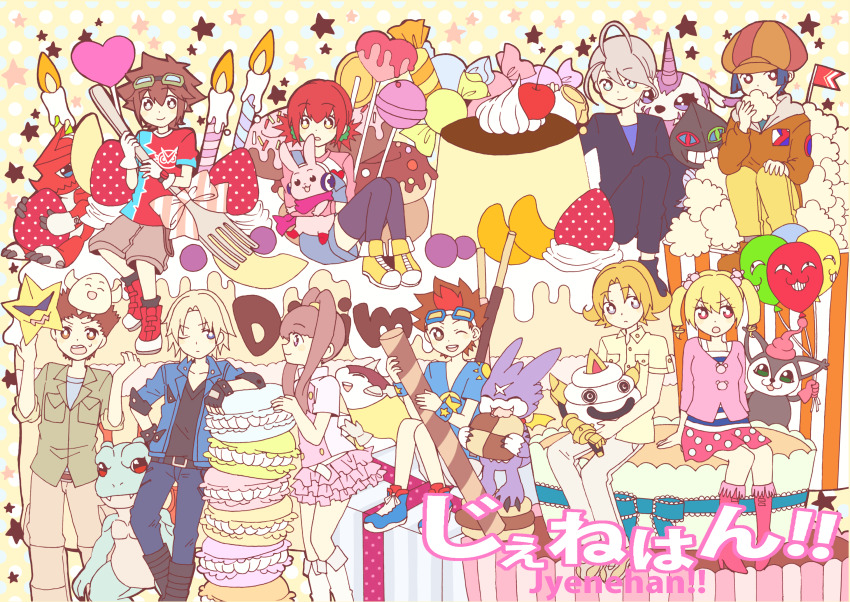 akashi_tagiru amano_nene_(digimon_xros_wars) amano_yuu_(digimon) aonuma_kiriha blonde_hair blush cutemon damemon digimon digimon_xros_wars digimon_xros_wars:_toki_wo_kakeru_shounen_hunter-tachi dracomon dracumon goggles goggles_on_head gumdramon hair_ornament hairclip hairpin happy highres hinomoto_akari kudou_taiki long_hair mogami_ryouma one_eye_closed opossummon orange_eyes pickmon pickmon_(normal) pink_eyes ponytail psychemon red_hair scar shoutmon sparrowmon split_ponytail star_(symbol) starmon_(digimon_xros_wars) suzaki_airu tobari_ren tsurugi_zenjirou twintails wings wink