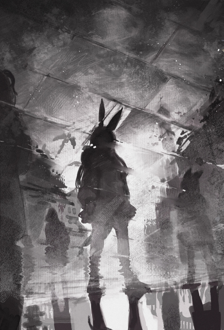 1boy 3girls absurdres amiya_(arknights) animal_ears arknights character_request doctor_(arknights) dress hands_in_pockets highres hood hood_up jacket jiuxiaoshi kal&#039;tsit_(arknights) long_hair monochrome multiple_girls rabbit_ears reflection reflective_water signature silhouette standing