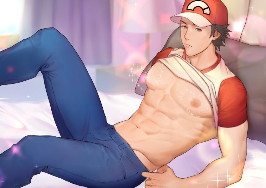 1boy abs blue_pants brown_eyes brown_hair clothes_lift hat male_focus multicolored_shirt muscular muscular_male navel nintendo nipples open_clothes open_shirt pants pillow pokemon pokemon_sm red_(pokemon) red_hair shirt shirt_lift short_hair solo stomach white_shirt zhineart
