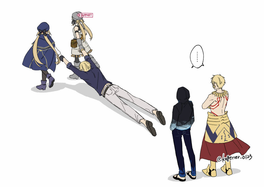 ... 2girls 3boys armor artoria_caster_(fate) artoria_caster_(first_ascension)_(fate) artoria_caster_(second_ascension)_(fate) artoria_pendragon_(fate) bag black_hoodie blonde_hair blue_boots blue_cape blue_hat blue_pants boots cape commentary_request crossed_arms denim dragging dress dual_persona earrings fate/grand_order fate_(series) flip-flops gameplay_mechanics gilgamesh gilgamesh_(caster)_(fate) gilgamesh_(establishment)_(fate) gilgamesh_(fate) gloves gold_earrings gold_necklace greaves grey_boots grey_dress grey_pants hat highres hood hoodie jeans jewelry knee_boots moonlight_0423 multiple_boys multiple_girls necklace oberon_(fate) oberon_(moody_summer_oberon)_(fate) oberon_(third_ascension)_(fate) pants sandals shared_speech_bubble single_glove sleeves_rolled_up speech_bubble spoken_ellipsis topless_male twintails twitter_username