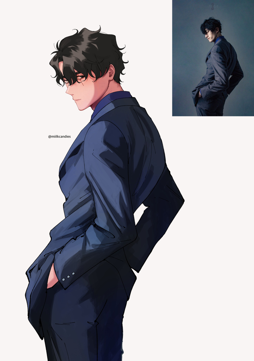 1boy absurdres artist_name black_hair commentary english_commentary formal_clothes from_side grey_jacket grey_pants grey_suit hands_in_pockets highres jacket looking_to_the_side male_focus miilkcandies omniscient_reader&#039;s_viewpoint pants photo-referenced reference_inset scar scar_on_face secretive_plotter short_hair simple_background suit very_short_hair white_background yoo_joonghyuk
