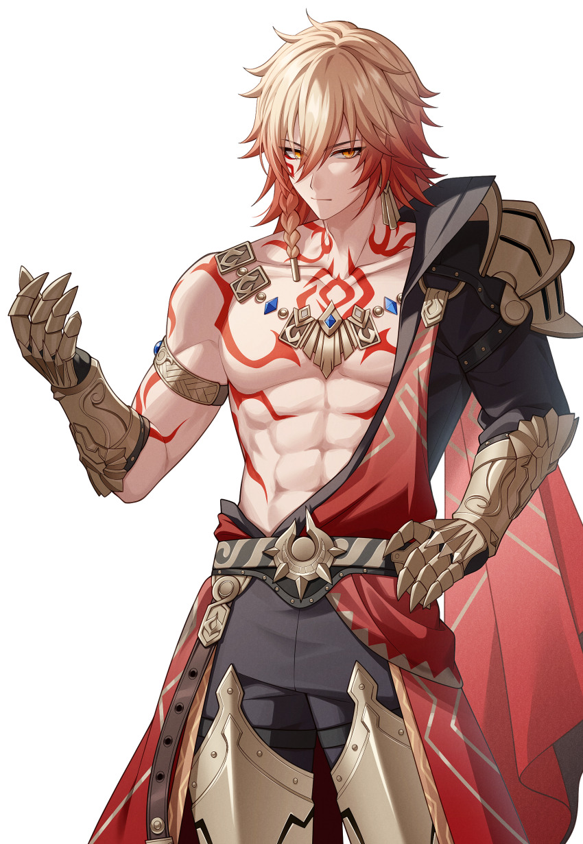 1boy abs absurdres arm_tattoo armlet armor armored_boots bare_pectorals black_coat black_pants blonde_hair boots chest_tattoo clawed_gauntlets coat commentary cowboy_shot earrings facial_tattoo gold_armlet gold_earrings gold_necklace gradient_hair hair_between_eyes hand_on_own_hip hashtag-only_commentary highres honkai:_star_rail honkai_(series) jewelry looking_at_viewer male_focus medium_hair multicolored_hair mydei_(honkai:_star_rail) necklace open_clothes open_coat pants pauldrons pectorals pochimaru_(marumaru_wanwan) red_hair red_tattoo shoulder_armor simple_background single_pauldron solo tattoo toned toned_male white_background yellow_eyes