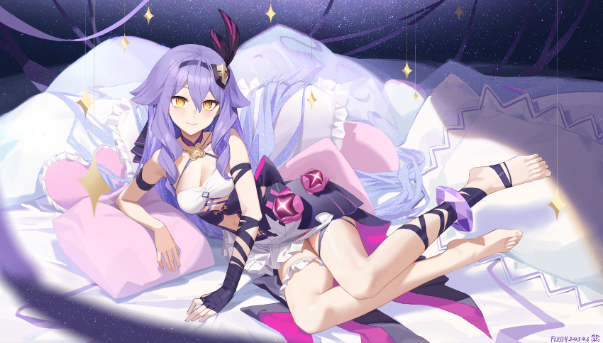 1girl absurdres armlet bandaged_arm bandages bare_legs bare_shoulders barefoot blush breasts chinese_commentary cleavage closed_mouth commentary commentary_request diamond-shaped_pupils diamond_(shape) dress feet fingerless_gloves fled full_body gloves hair_between_eyes hair_flaps hair_ornament hairband heart highres honkai_(series) honkai_impact_3rd jewelry leg_ribbon legs long_hair looking_at_viewer lying medium_breasts on_bed on_side pillow purple_hair ribbon sidelocks sirin sirin_(miracle_magical_girl) sky smile solo star_(sky) starry_sky symbol-shaped_pupils thigh_strap thighs toes very_long_hair white_dress yellow_eyes