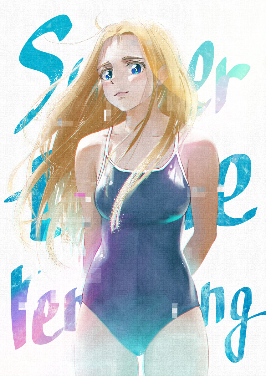 1girl absurdres arms_behind_back bare_shoulders blonde_hair blue_eyes blue_one-piece_swimsuit breasts chihirokrakauer closed_mouth collarbone commentary_request competition_school_swimsuit copyright_name cowboy_shot forehead highres kofune_ushio large_breasts long_hair looking_at_viewer one-piece_swimsuit school_swimsuit solo summertime_render swimsuit