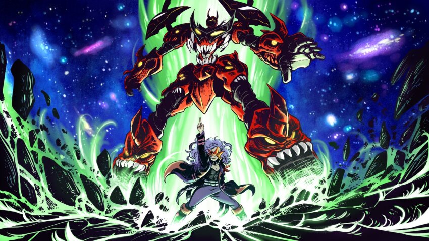1girl amiya_aranha black_footwear black_jacket black_shirt boots breasts cleavage commentary cosplay english_commentary frown grey_pants horns indie_virtual_youtuber jacket jd_benefield kamina_pose kamina_shades long_hair looking_at_viewer mecha medium_breasts open_hand pants pointing pointing_up purple_hair robot shirt simon_(ttgl) simon_(ttgl)_(cosplay) space super_robot tengen_toppa_gurren-lagann_(mecha) tengen_toppa_gurren_lagann virtual_youtuber yellow_eyes