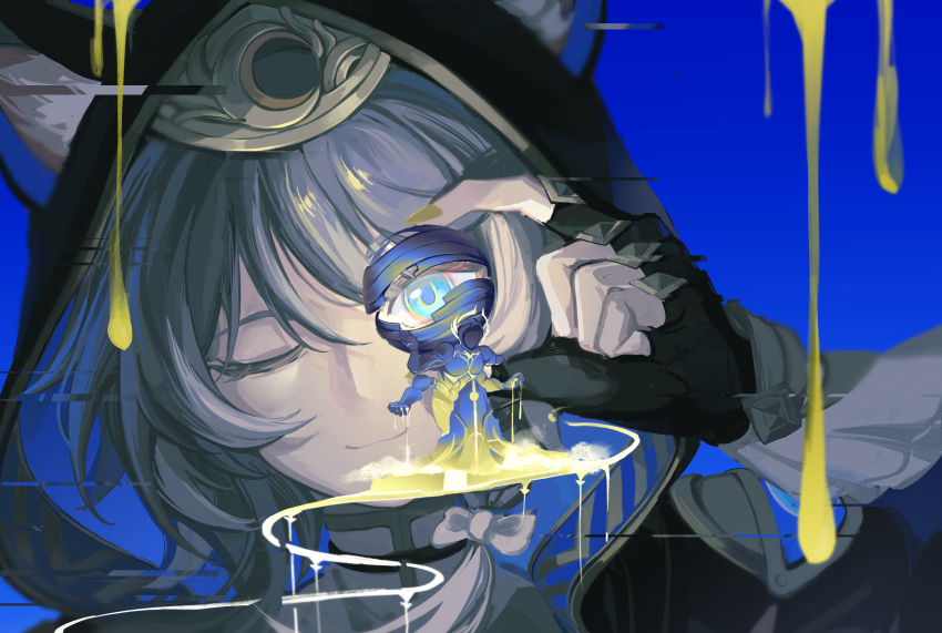 1girl absurdres animal_ears animal_hood ball black_gloves black_hood blue_background blue_eyes cat_ears cat_girl cat_hood cipher_(honkai:_star_rail) closed_mouth commentary crescent fingerless_gloves glitch gloves gold_trim grey_hair highres holding holding_ball honkai:_star_rail honkai_(series) hood hood_up looking_at_viewer nail_polish one_eye_closed qinglan1044 smile symbol-only_commentary