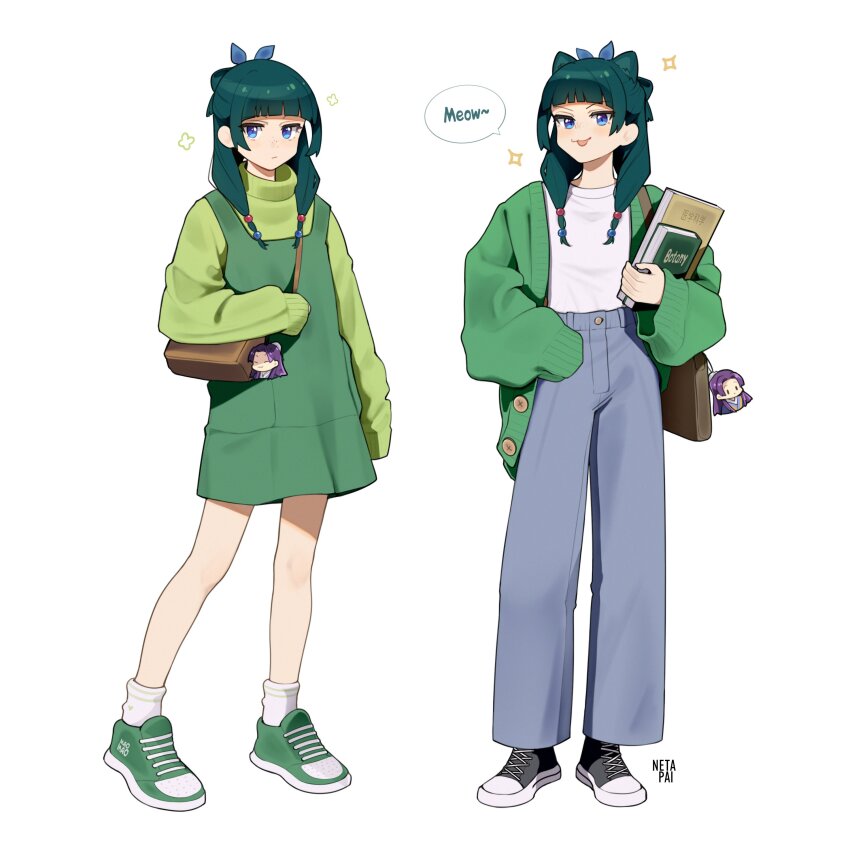 1girl :3 :p absurdres adapted_costume animal_ears bag bag_charm black_footwear blue_eyes blunt_bangs book cat_ears character_doll charm_(object) commentary contemporary dress english_commentary expressionless extra_ears flat_chest freckles full_body green_dress green_footwear green_hair green_jacket green_sweater green_theme grey_pants hair_bun hair_over_shoulder highres holding holding_book jacket jinshi_(kusuriya_no_hitorigoto) jitome kemonomimi_mode kusuriya_no_hitorigoto long_sleeves looking_at_viewer maomao_(kusuriya_no_hitorigoto) multi-tied_hair multiple_views netapai1 open_clothes open_jacket pants pinafore_dress shirt shoes shoulder_bag simple_background single_hair_bun sleeveless sleeveless_dress sleeves_past_fingers sleeves_past_wrists smug sneakers socks sparkle speech_bubble sweater tongue tongue_out turtleneck turtleneck_sweater twintails white_background white_shirt white_socks
