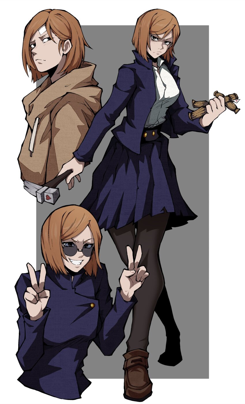 1girl absurdres bandaid bandaid_on_face black_pantyhose bob_cut breasts brown_eyes brown_footwear brown_hair brown_hoodie collared_jacket double_v grimace hammer highres holding holding_hammer hood hood_down hoodie jacket jujutsu_kaisen jujutsu_tech_uniform kekel kugisaki_nobara medium_breasts medium_hair pantyhose shirt skirt smile sunglasses v voodoo_doll white_shirt