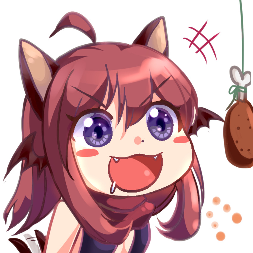 +++ 1girl ahoge animal_ears assassin_cross_(ragnarok_online) bat_wings black_leotard black_wings blush_stickers cat_ears cat_girl chibi chicken_(food) chicken_leg commentary_request ear_wings fangs food gyate_gyate hair_between_eyes highres lanmei_jiang leotard medium_hair open_mouth pink_hair purple_eyes ragnarok_online smile solo upper_body v-shaped_eyebrows wings