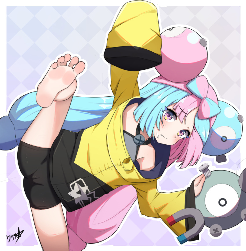 1girl absurdres barefoot bike_shorts blush boppin bow-shaped_hair cameltoe character_hair_ornament closed_mouth fang fang_out feet gen_1_pokemon grey_shirt hair_ornament highres iono_(pokemon) jacket long_hair looking_at_viewer magnemite mixed-language_commentary multicolored_hair nintendo outline pink_eyes pink_hair pokemon pokemon_(creature) pokemon_sv shirt sleeveless sleeveless_shirt soles solo spread_legs sweatdrop toes twintails two-tone_hair yellow_jacket