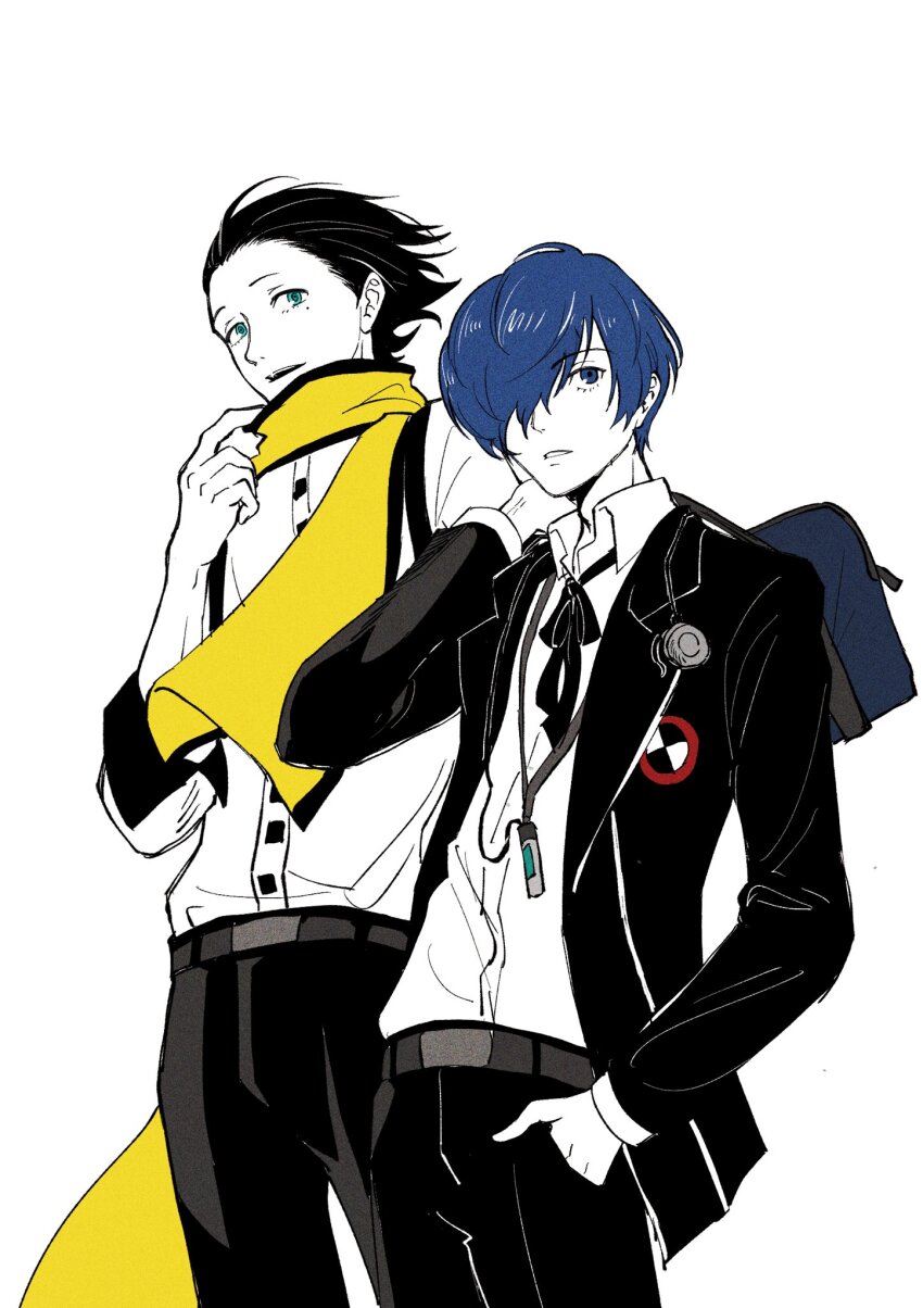 2boys arm_up bag belt belt_buckle black_belt black_hair black_pants black_ribbon black_trim blue_eyes blue_hair buckle collared_shirt digital_media_player feet_out_of_frame gekkoukan_high_school_uniform hair_over_one_eye hair_slicked_back hand_in_pocket headphones headphones_around_neck highres holding holding_bag lapels layered_sleeves long_sleeves looking_to_the_side male_focus mochizuki_ryouji mole mole_under_eye multiple_boys neck_ribbon notched_lapels one_eye_covered open_collar open_mouth otoko_haza pants parted_bangs persona persona_3 ribbon scarf school_emblem school_uniform shirt short_hair short_sideburns sideways_glance simple_background standing suspenders white_background white_shirt wing_collar yellow_scarf yuuki_makoto_(persona_3)