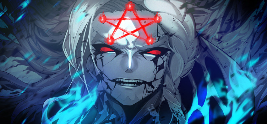 1boy alessandro_di_cagliostro_(fate) beard blue_fire braid cracked_skin facial_hair facial_mark fangs fate/grand_order fate_(series) fire game_cg grey_hair long_hair looking_at_viewer male_focus official_art pentagram red_eyes routo