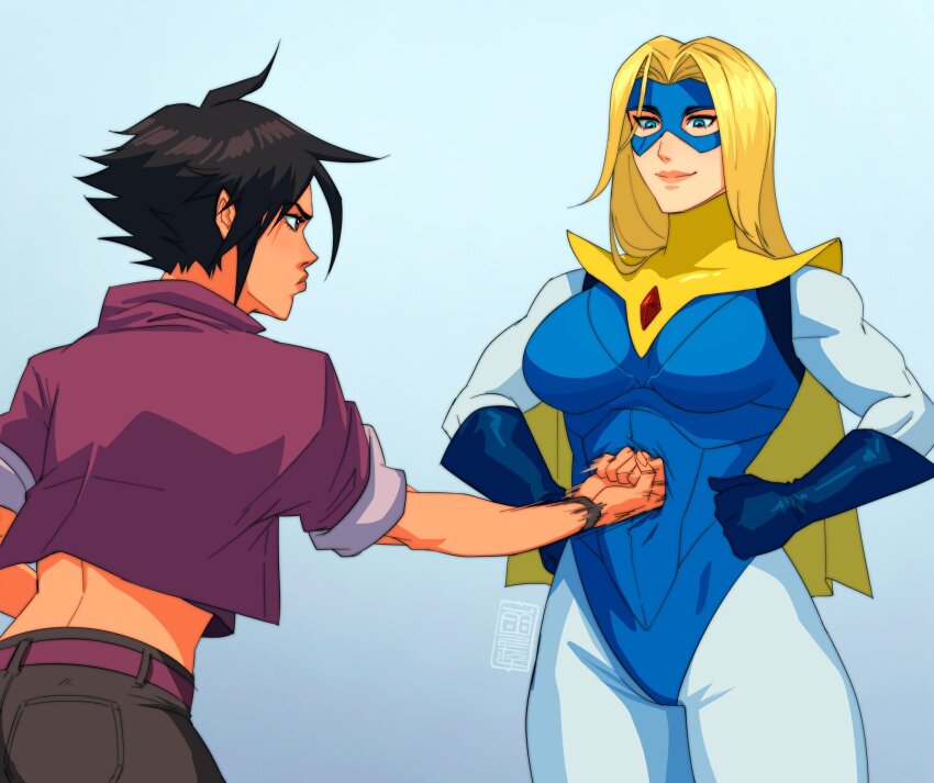 2girls adhoc_studio astrubalart black_hair blonde_blazer blonde_hair blue_boots blue_eyes blue_gloves blue_leotard blue_mask bodysuit boots breasts brown_eyes cape catfight commission commissioner_upload dispatch gloves highres invisigal jacket large_breasts leotard mask multiple_girls punching purple_jacket rolled_sleeves short_hair simple_background skin_tight smile spandex stomach_punch superhero_costume