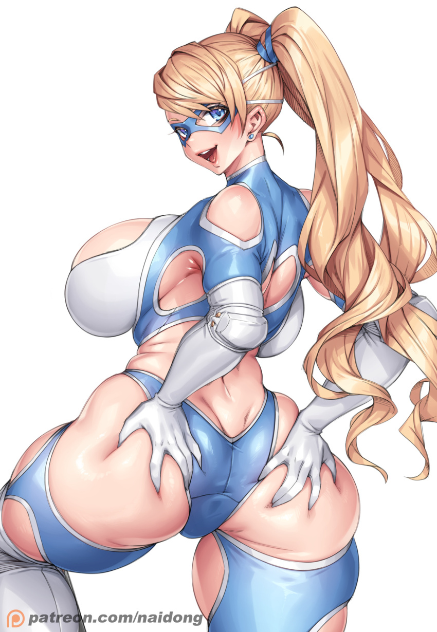 1girl armpits ass ass_cutout blonde_hair breasts cleavage_cutout clothing_cutout deep_skin detached_sleeves earrings gloves grabbing_own_ass highres huge_ass huge_breasts jewelry looking_at_viewer looking_back mask naidong_(artist) rainbow_mika revealing_clothes street_fighter twintails