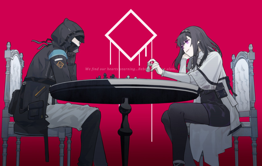 1girl 1other arknights black_hair black_hairband black_jacket black_pantyhose black_skirt board_game chess chess_piece coat doctor_(arknights) hairband highres holding holding_chess_piece hood hood_up jacket long_hair long_sleeves looking_at_another open_clothes open_jacket pantyhose parted_lips playing_chess priestess_(arknights) purple_eyes puyue red_background sitting skirt smile sweater turtleneck white_coat white_sweater wide_shot