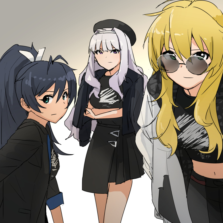 3girls ahoge annko antenna_hair aqua_eyes arms_at_sides beret black_hair blonde_hair breasts crossed_arms expressionless female_focus ganaha_hibiki green_eyes hair_between_eyes hair_ornament hairband hat height_difference high_ponytail hoshii_miki idolmaster idolmaster_(classic) jacket large_breasts legs long_hair looking_at_viewer looking_over_eyewear looking_to_the_side medium_breasts midriff multiple_girls namco navel off-shoulder_jacket off_shoulder parted_bangs ponytail project_fairy purple_eyes serious shijou_takane sidelocks skirt standing sunglasses tan thighs three-quarter_sleeves wavy_hair white_hair white_hairband