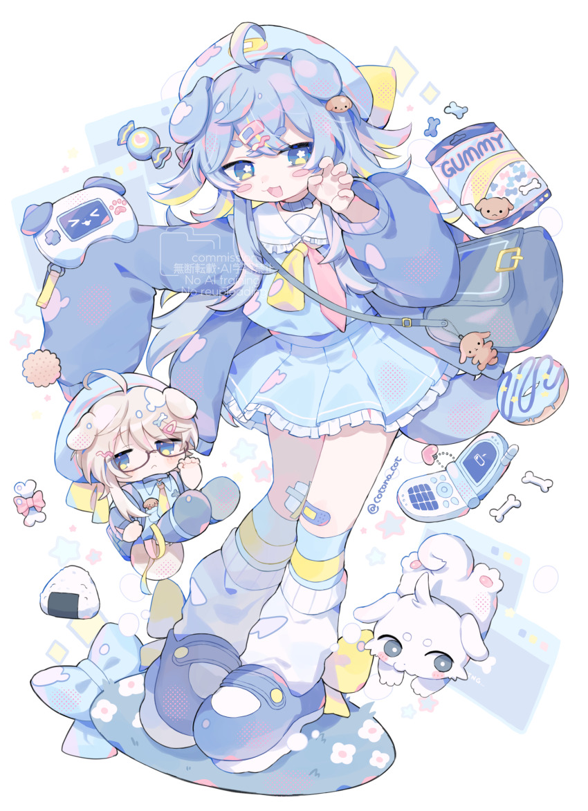 1boy 1girl :&lt; absurdres animal_ears bag bandaid bandaid_on_knee bandaid_on_leg black_shorts blonde_hair blue_coat blue_eyes blue_hair blue_hat blue_shirt blue_skirt blue_socks bone cellphone chibi claw_pose coat commentary_request commission cotono_(nazekun) dog dog_boy dog_ears dog_girl donut food full_body glasses gummy_candy hand_up handheld_game_console hat highres leg_warmers long_hair messenger_bag multicolored_hair necktie onigiri original phone pink_hair pink_necktie sailor_collar shirt shorts shoulder_bag sidelocks simple_background skeb_commission skirt sleeves_past_fingers sleeves_past_wrists socks star-shaped_pupils star_(symbol) streaked_hair striped_clothes striped_socks symbol-shaped_pupils watermark white_background white_leg_warmers white_sailor_collar yellow_necktie yellow_socks