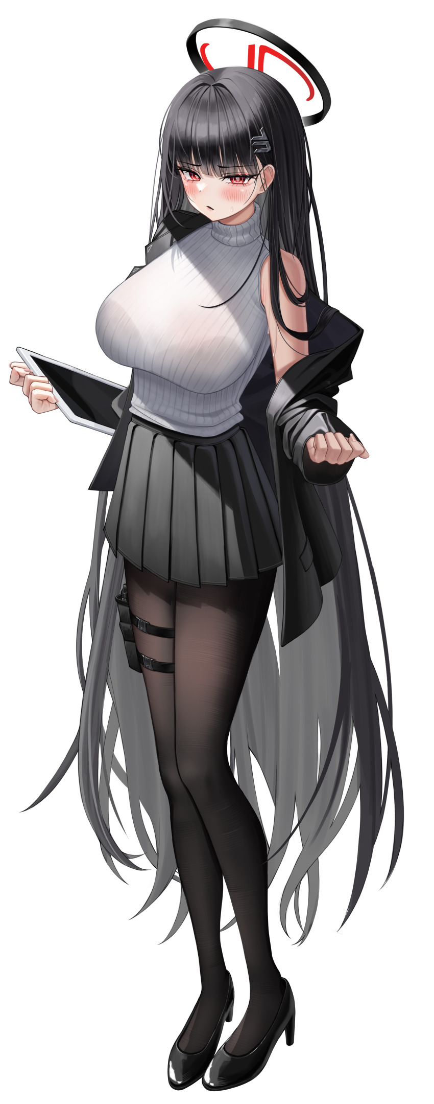 1girl absurdres black_coat black_hair black_halo black_pantyhose black_shoes black_skirt blue_archive blush bra_visible_through_clothes breasts coat commentary full_body grey_sweater hair_ornament halo high_heels highres holding holding_tablet_pc hsxxx large_breasts long_hair looking_at_viewer pantyhose pleated_skirt pouch red_eyes ribbed_sweater rio_(blue_archive) shoes simple_background skirt solo sweater tablet_pc thigh_pouch transparent_background very_long_hair