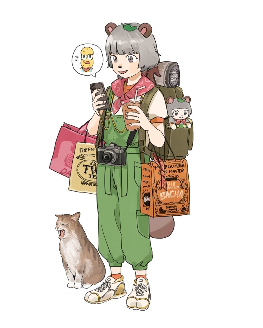 1boy 1girl :3 animal_ears animal_nose backpack bag bandana bandana_around_neck blush camera camera_around_neck cat cellphone character_doll drink full_body green_overalls grey_eyes grey_hair highres holding holding_drink holding_phone koinko_(hunjinwashow) lanyard looking_at_phone mode_aim open_mouth orange_socks overalls peanuts-kun phone ponpoko_(vtuber) raccoon_ears raccoon_girl raccoon_tail red_bandana shoes shopping_bag short_hair simple_background smartphone smile sneakers socks solo spoken_character standing tail virtual_youtuber white_background white_shoes