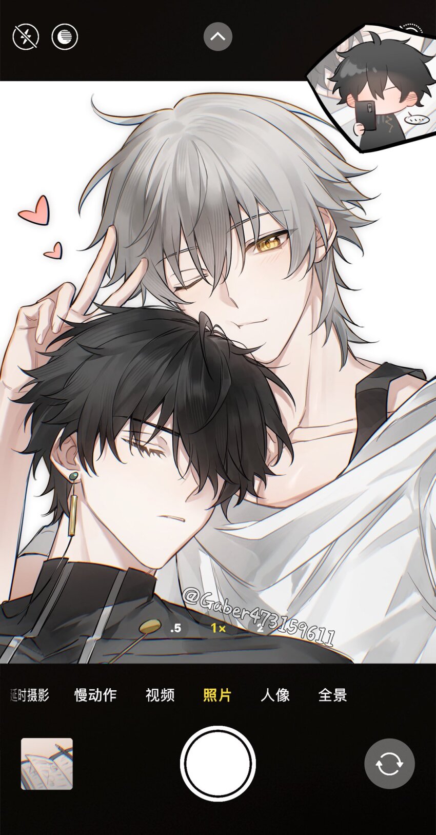 ... 2boys black_hair black_shirt blush caelus_(honkai:_star_rail) chibi chin_rest closed_eyes closed_mouth collarbone dan_heng_(honkai:_star_rail) dan_heng_(hunt)_(honkai:_star_rail) earrings gaber473159611 grey_hair hair_between_eyes hair_over_one_eye head_on_head head_rest heart highres honkai:_star_rail honkai_(series) jewelry looking_at_viewer male_focus multiple_boys one_eye_closed parted_lips shirt simple_background sleeping sleeping_upright spoken_ellipsis taking_picture trailblazer_(honkai:_star_rail) turtleneck twitter_username v white_background white_shirt yaoi yellow_eyes