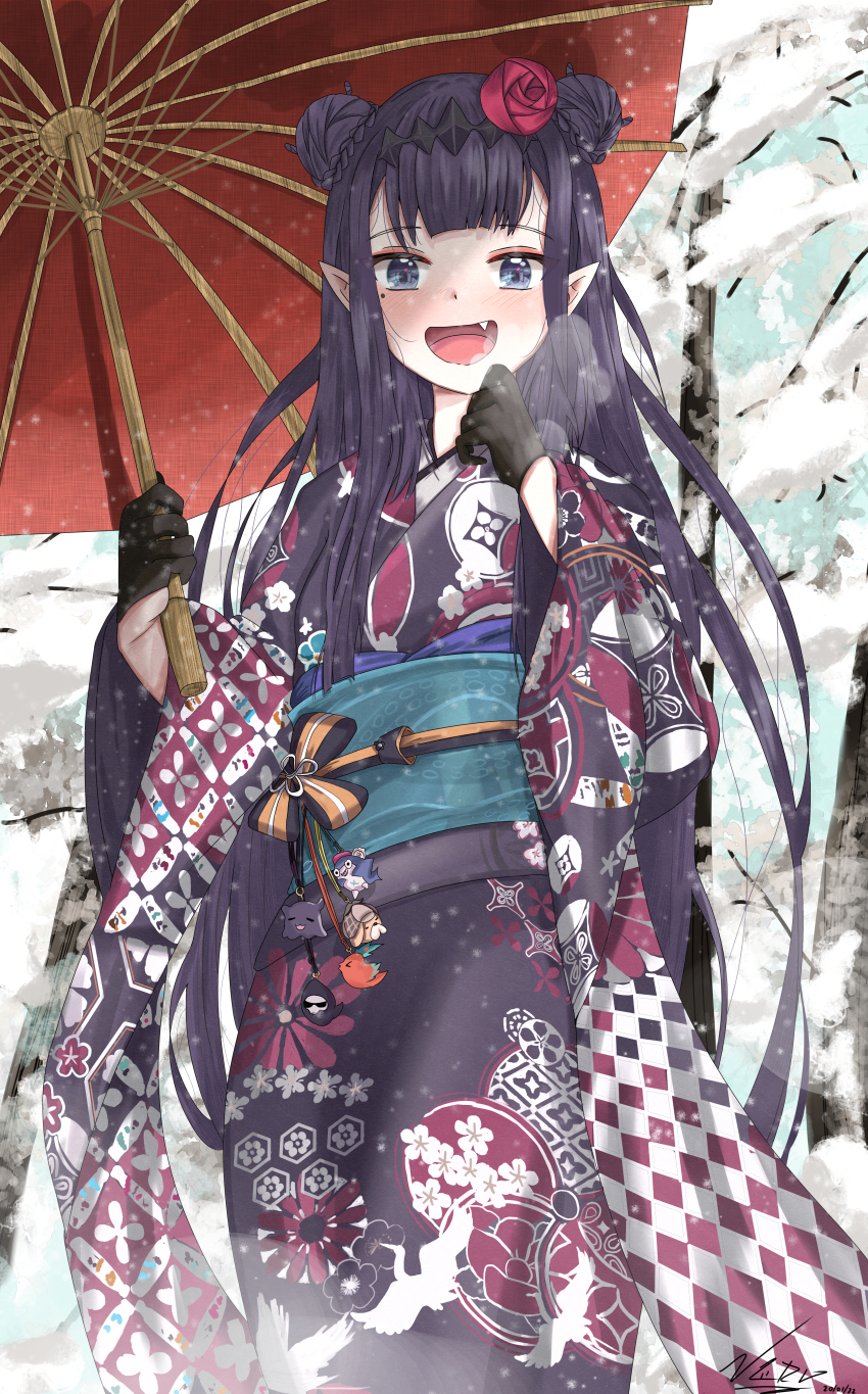 1girl absurdres black_gloves black_kimono blush braid braided_bun commentary double_bun english_commentary feet_out_of_frame gloves hair_bun hands_up highres holding holding_umbrella hololive hololive_english japanese_clothes kimono long_hair looking_at_viewer mole mole_under_eye ninomae_ina&#039;nis ninomae_ina&#039;nis_(new_year) obi official_alternate_costume oil-paper_umbrella open_mouth pointy_ears print_kimono purple_hair sash smile snowing solo umbrella varo_006 virtual_youtuber