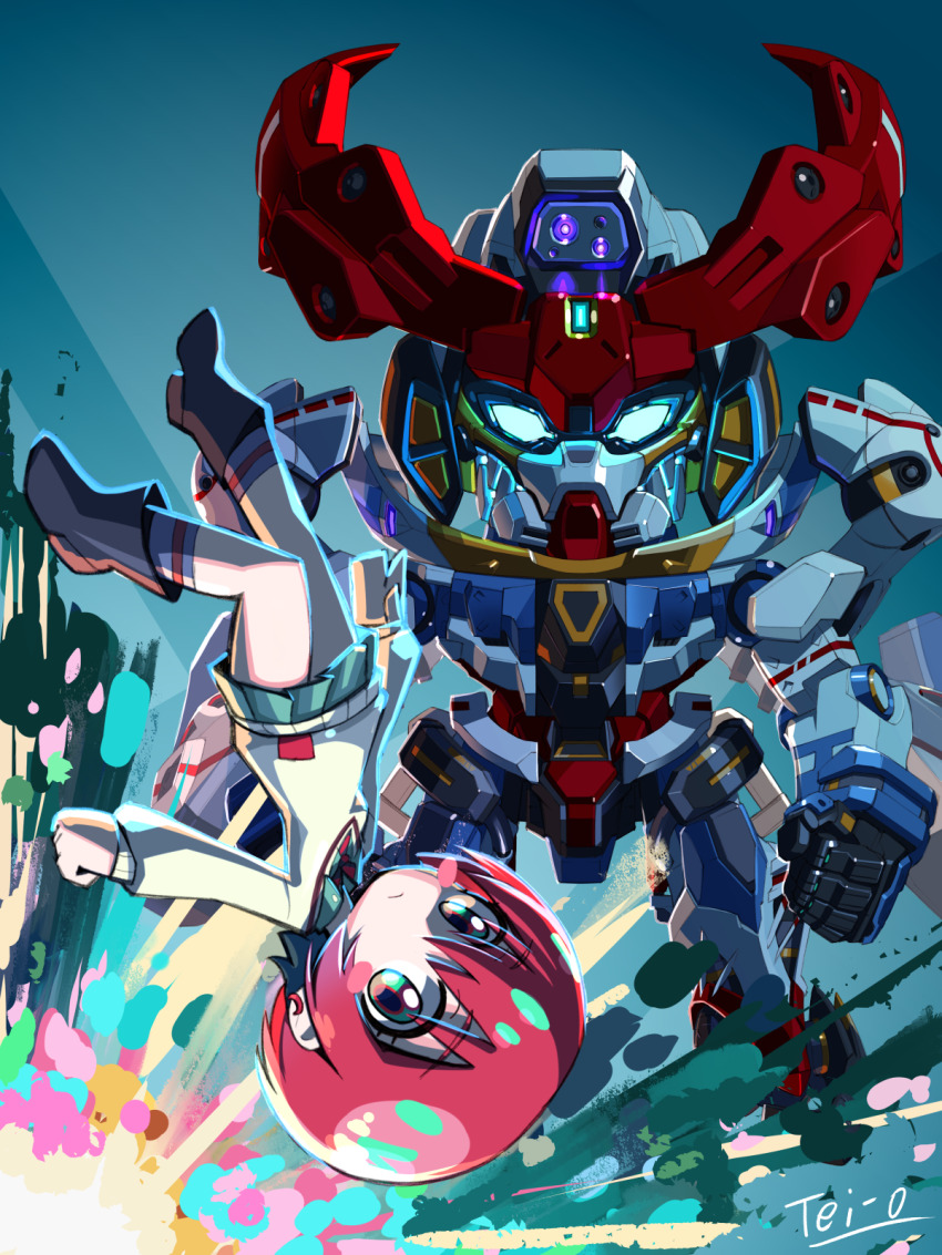 1girl amate_yuzuriha aqua_eyes artist_name chibi commentary earrings gquuuuuux gundam gundam_gquuuuuux highres jewelry looking_at_viewer mecha mobile_suit red_hair robot short_hair tei-o upside-down v-fin