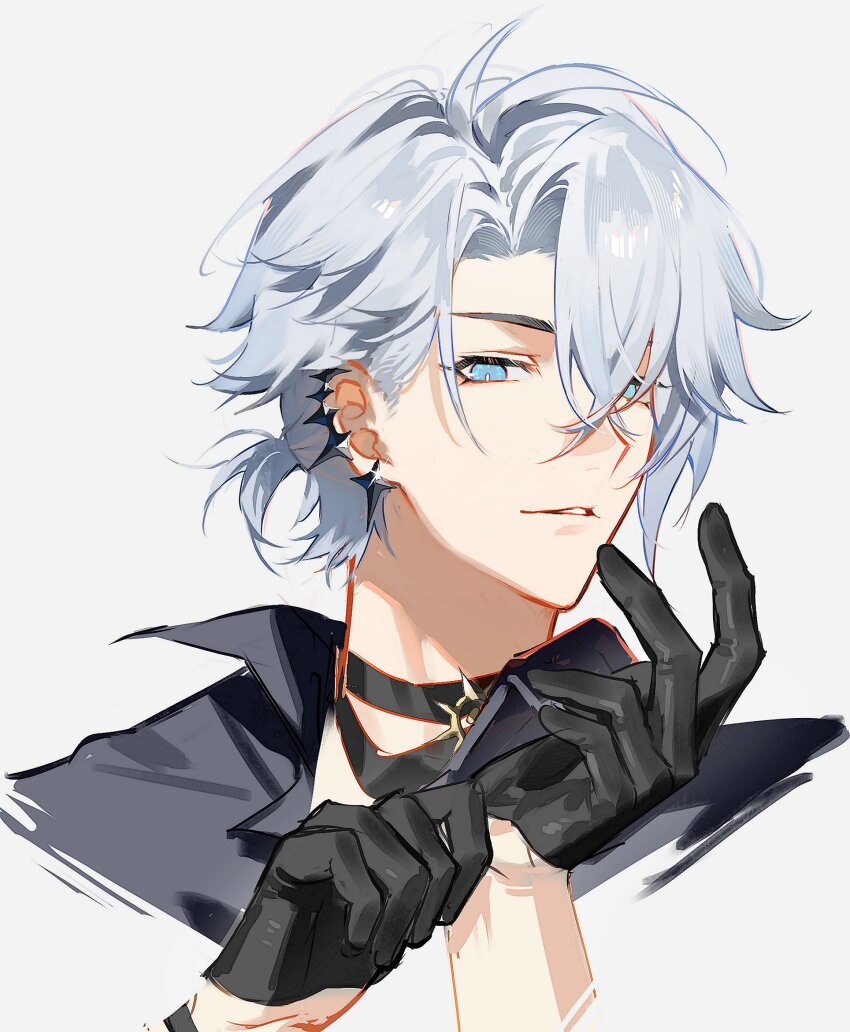 1boy adjusting_clothes adjusting_gloves antenna_hair black_choker black_gloves black_shirt blue_eyes choker earclip gloves highres honkai:_star_rail honkai_(series) looking_at_viewer male_focus parted_bangs phainon_(fashion)_(honkai:_star_rail) phainon_(honkai:_star_rail) shirt short_hair simple_background solo suirandanshihao white_background white_hair
