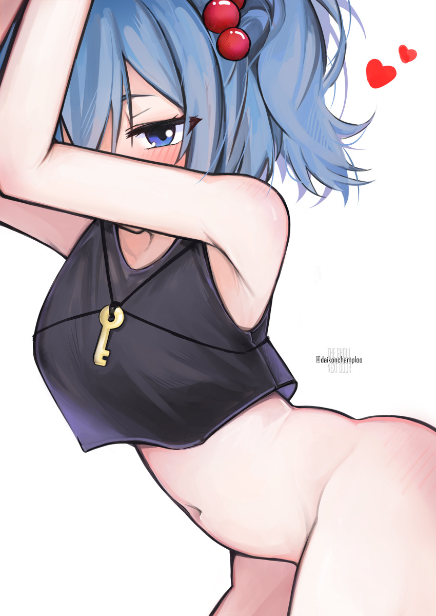 1girl absurdres alternate_costume armpits black_tank_top blue_eyes blue_hair blush bottomless breasts commentary cowboy_shot crop_top english_commentary hair_bobbles hair_ornament heart highres jewelry kawashiro_nitori key key_necklace looking_at_viewer medium_breasts medium_hair navel necklace no_panties radish_(daikonchamma) simple_background solo tank_top touhou two_side_up white_background