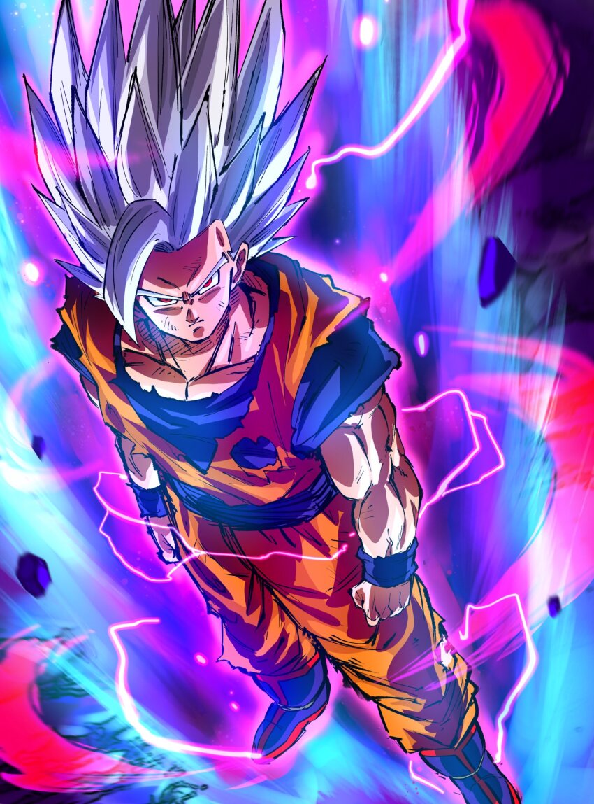 1boy aura blue_sash blue_shirt clenched_hands commentary dougi dragon_ball dragon_ball:_sparking! dragon_ball_super dragon_ball_super_super_hero dragonball_z gohan_beast highres long_hair male_focus open_mouth orange_pants orange_shirt pants potential_unleashed red_eyes rz28kp sash shirt solo son_gohan spiked_hair teeth torn_clothes torn_shirt white_hair
