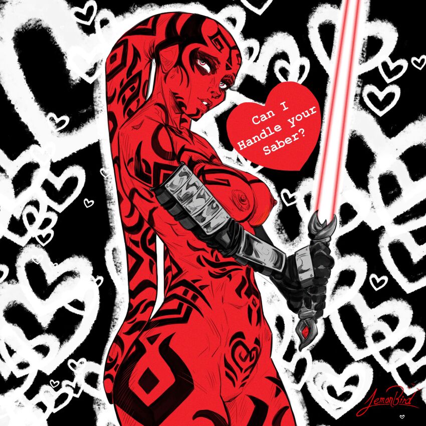 1girl ? absurdres alien artist_request black_background black_gloves breasts chest_tattoo clenched_teeth colored_skin curvy darth_talon elbow_gloves energy_sword english_text facial_tattoo gloves heart highres holding holding_sword holding_weapon lekku_(anatomy) lightsaber looking_at_viewer nipples no_humans nude pointing pointing_at_viewer pussy pussy_peek red_eyes red_lightsaber red_skin revealing_clothes serious shoulder_tattoo signature simple_background spoken_heart standing star_wars star_wars:_legacy sword tattoo teeth twi&#039;lek weapon wide_hips